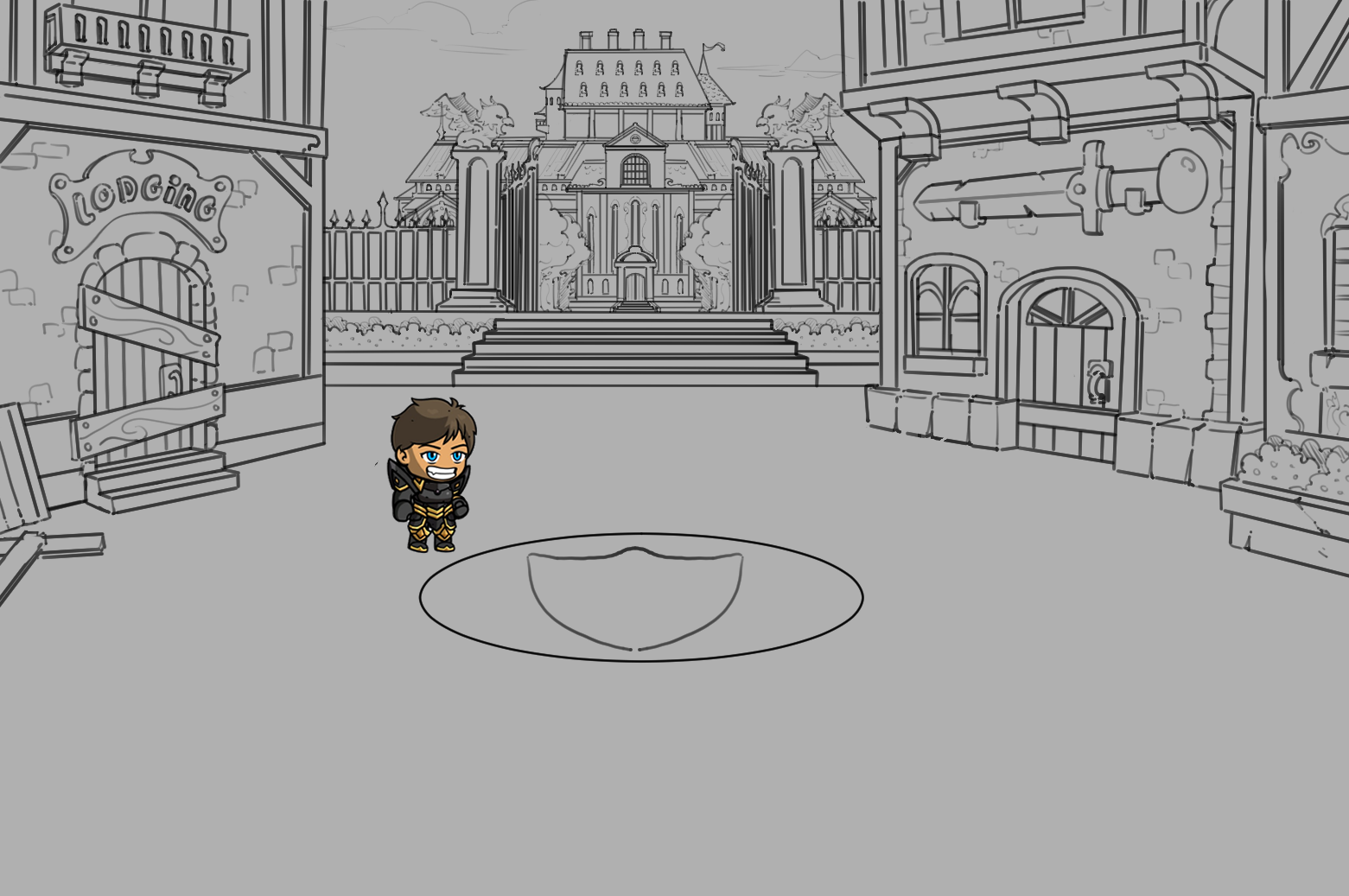 A pencil sketch of the tavern with the finished bar painted over it